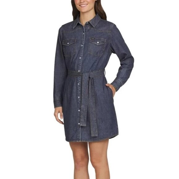NEW Wrangler Women's XL Denim Shirt Knee Dress Belted Long Sleeve Button up - Picture 1 of 9